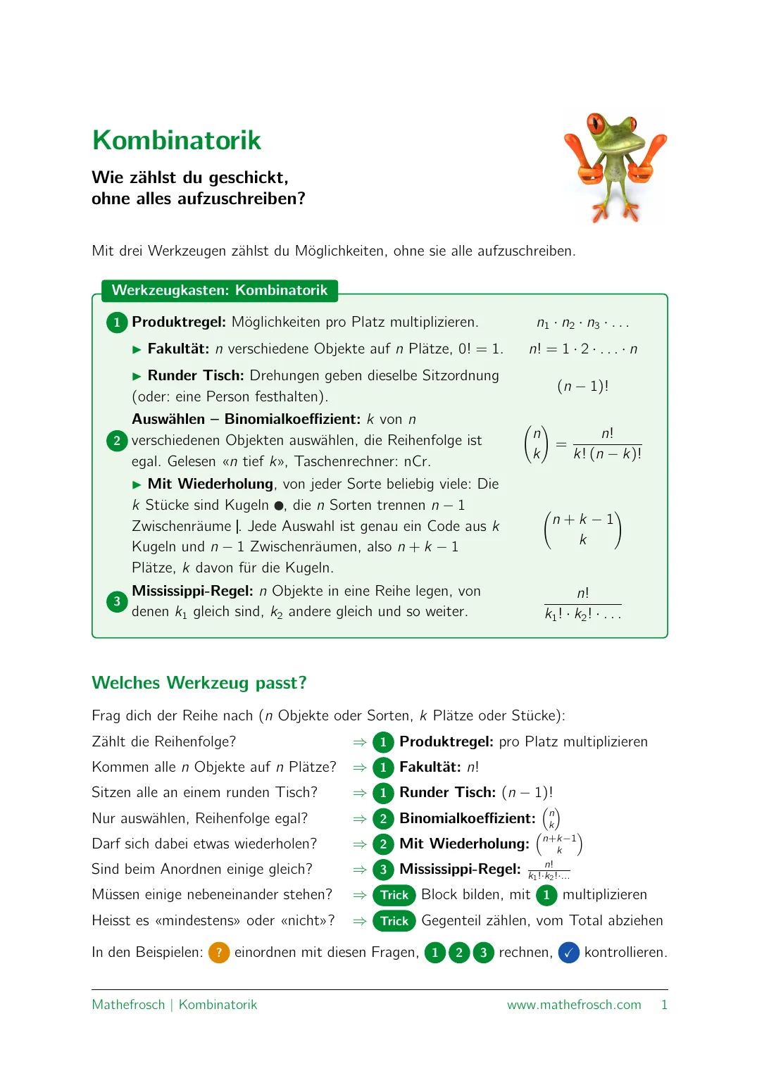 Kombinatorik – Anleitungsblatt