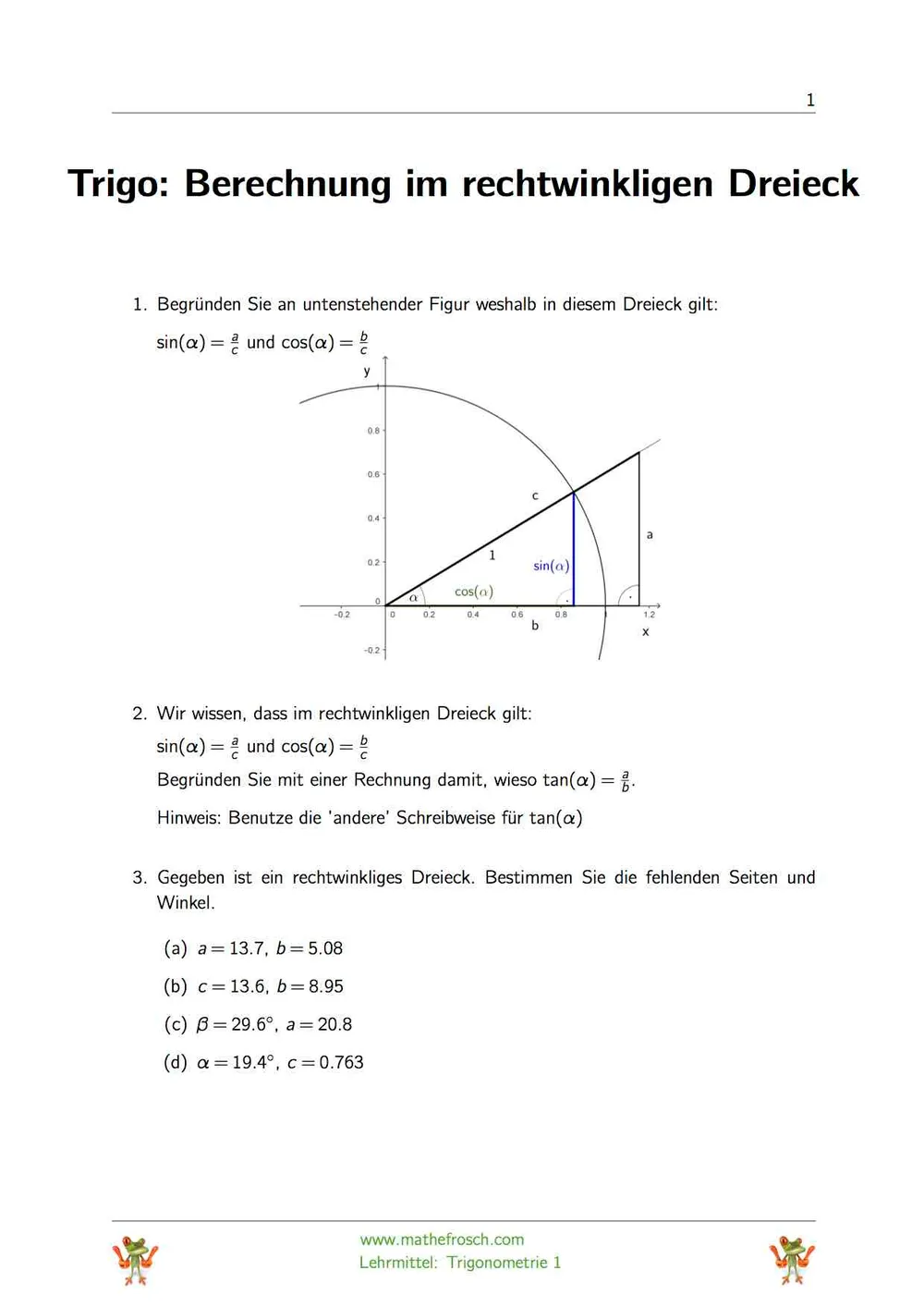 Trigonometrie 1 - Rechtwinklige Dreiecke