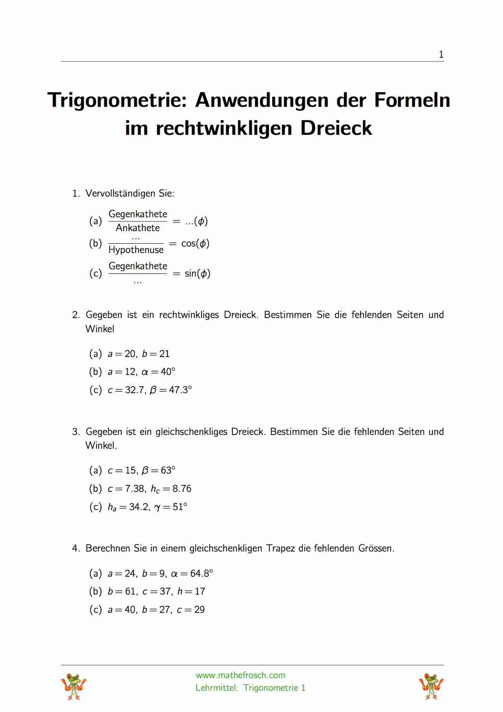 Trigonometrie 1 - Anwendung Rechtwinklige Dreiecke