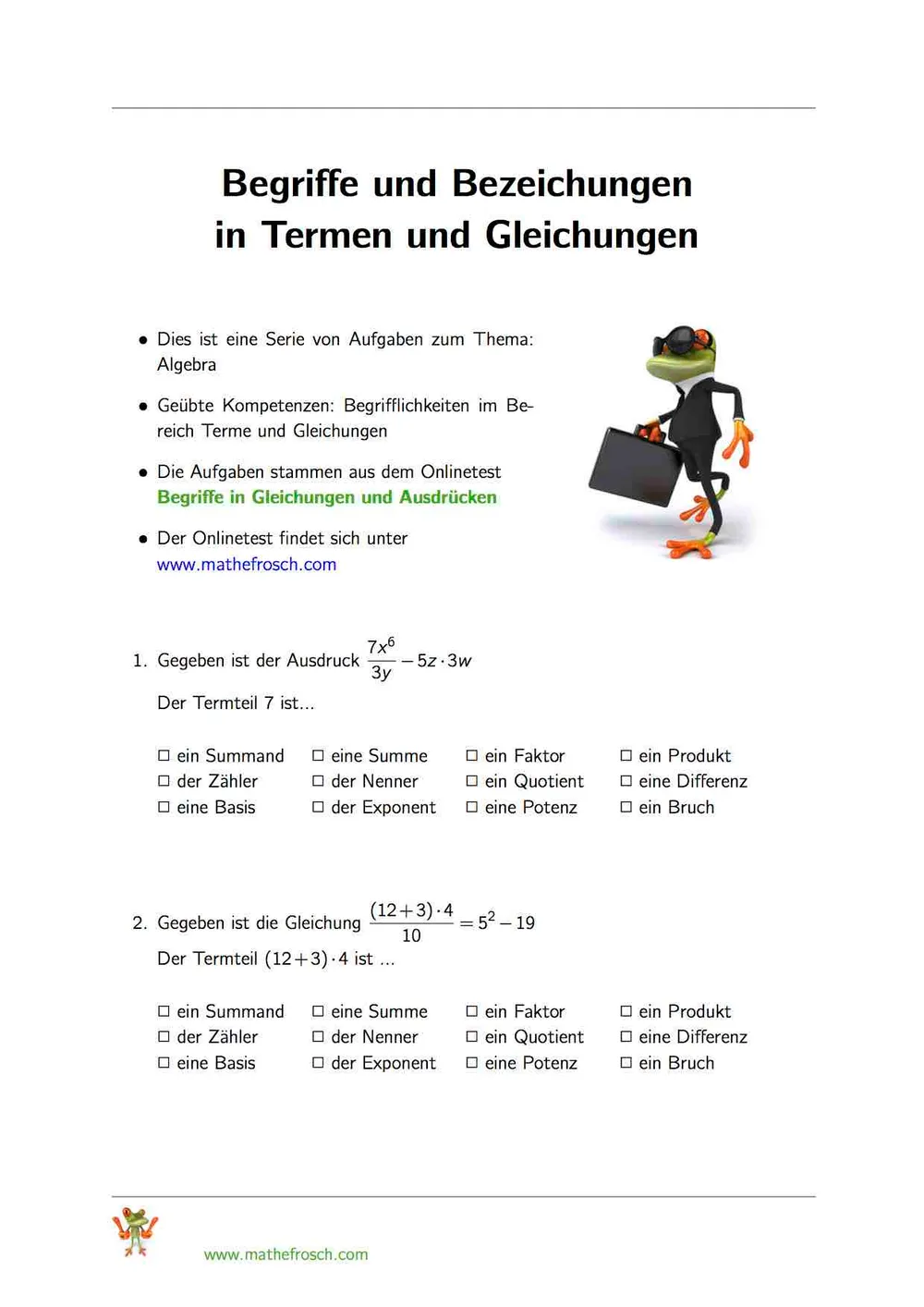 Begriffe in Gleichungen und Ausdrücken