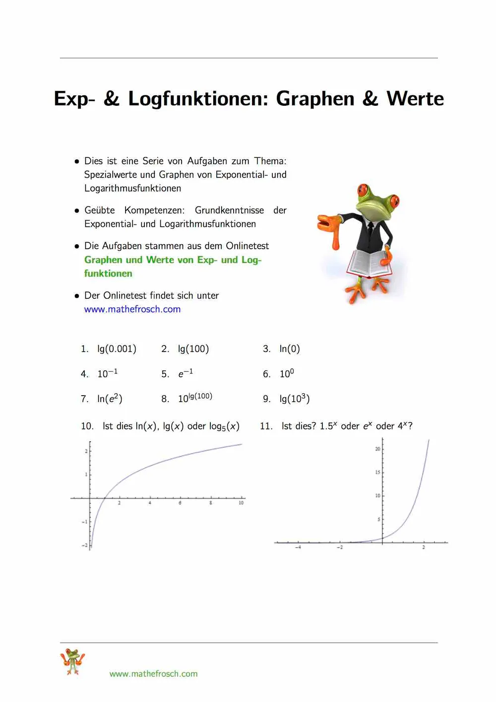 Graphen und Werte von Exponential- und Logarithmusfunktionen