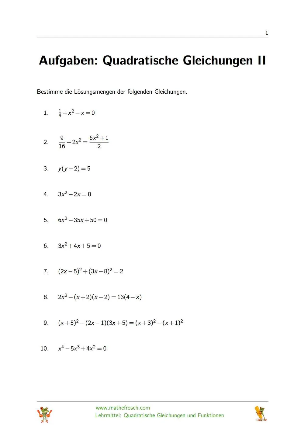 Aufgaben Quadratische Gleichungen II