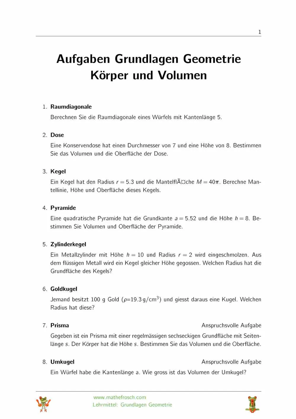 Aufgaben Grundlagen Geometrie Körper und Volumen