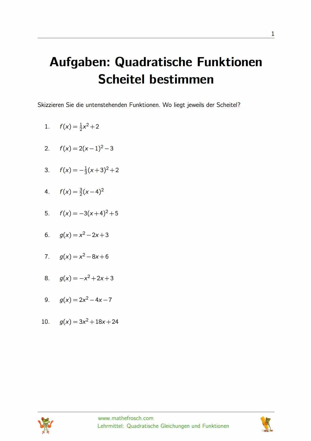 Aufgaben: Quadratische Funktionen Scheitel bestimmen