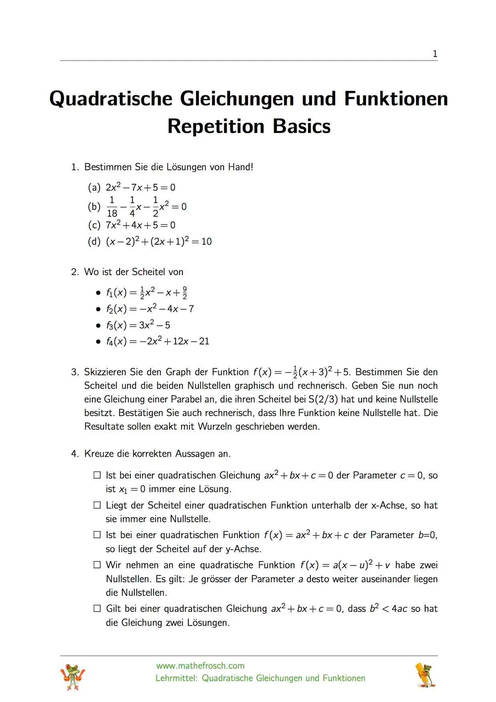 Quadratische Gleichungen und Funktionen Repetition Basics