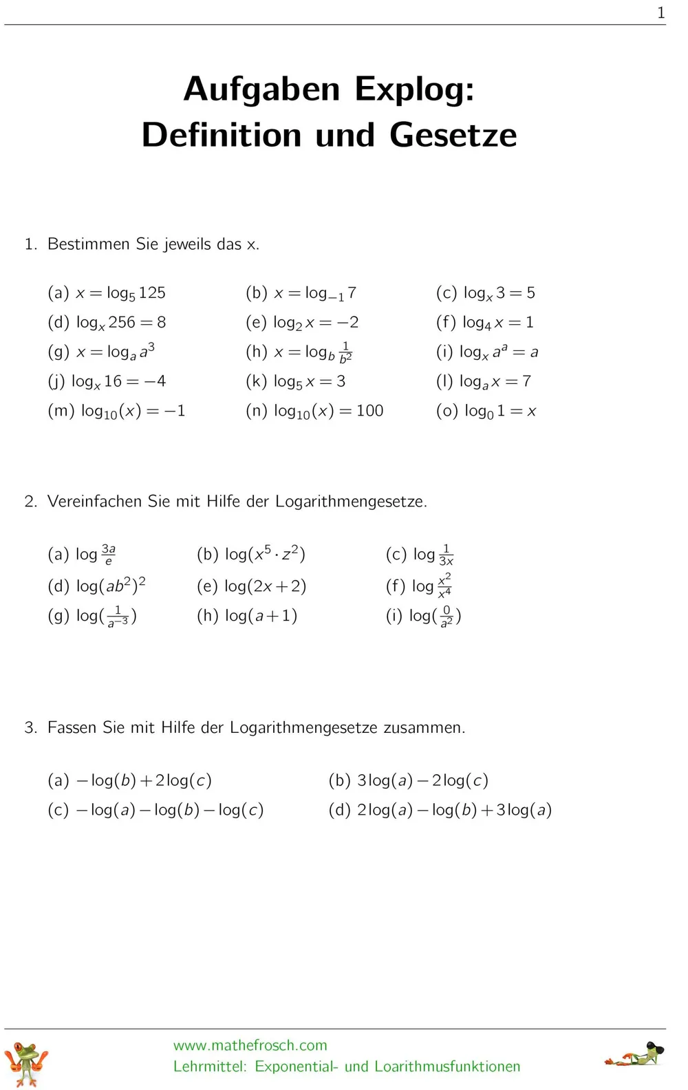 Aufgaben Exponential- und Logarithmusfunktionen Gesetze