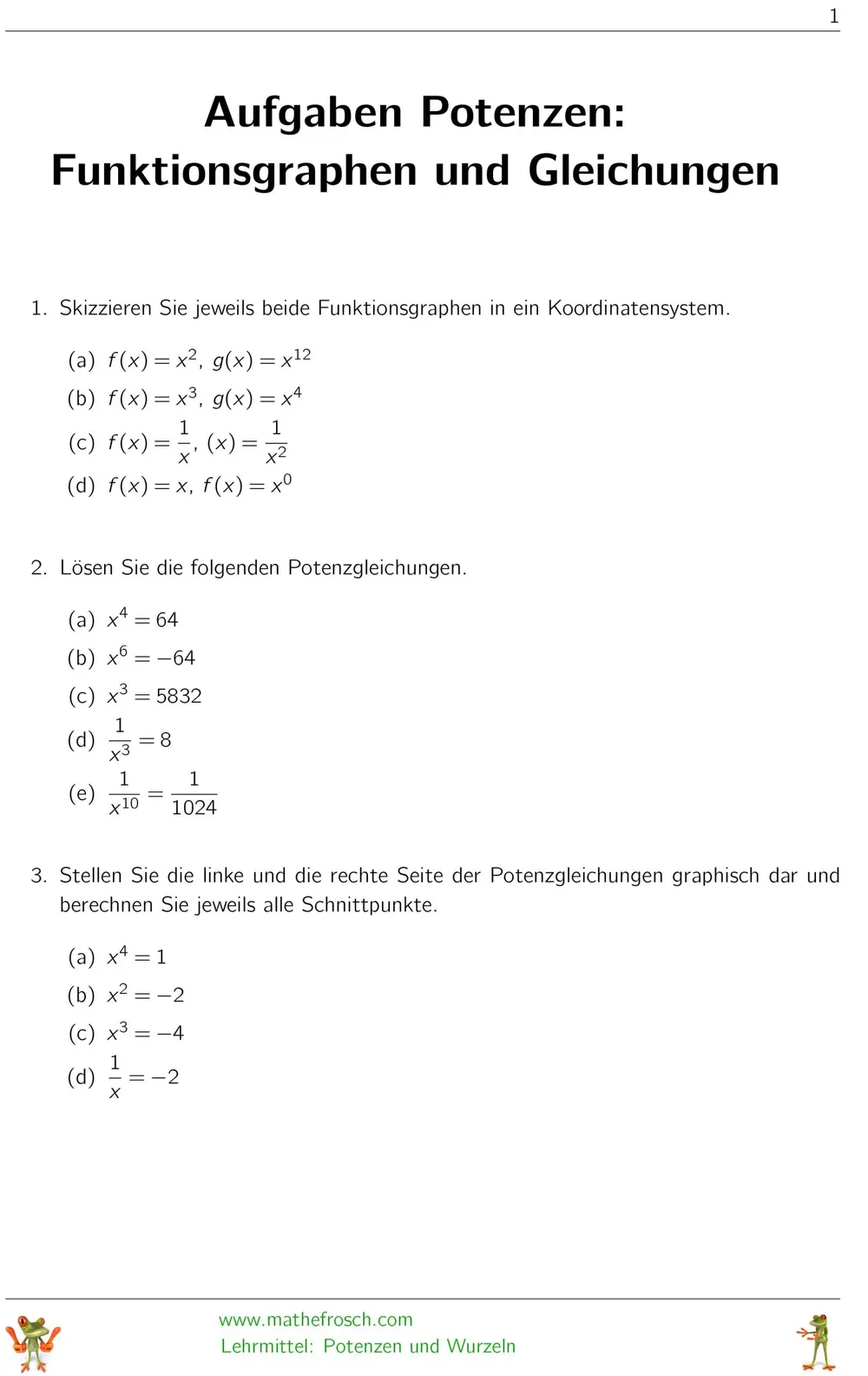 Aufgaben Potenzen - Funktionsgraphen und Gleichungen