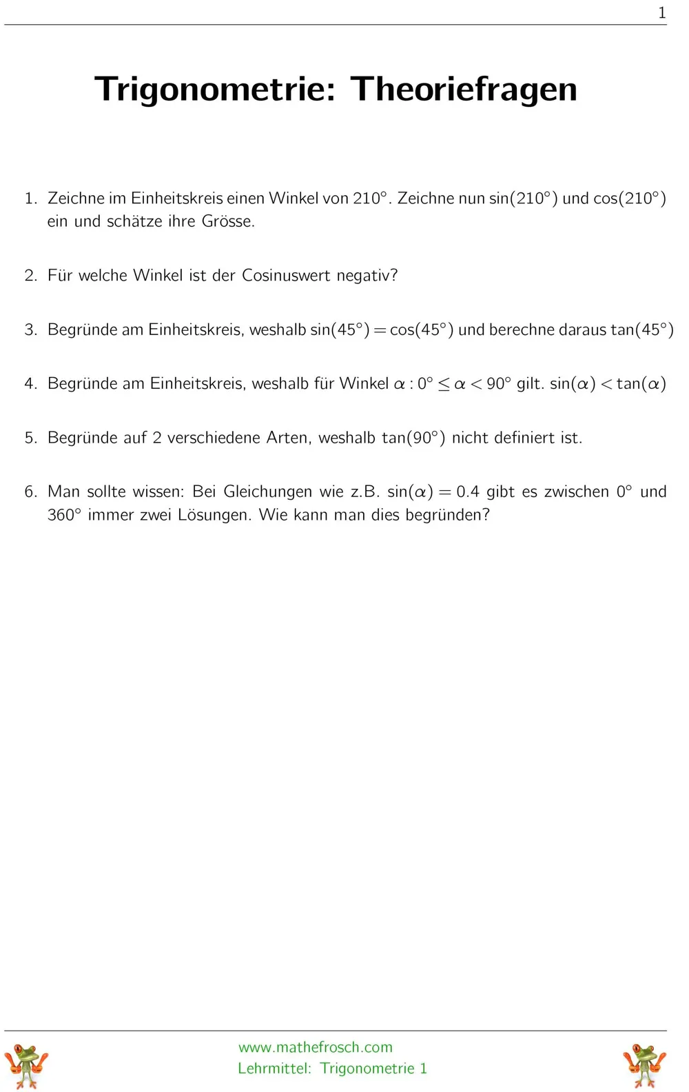 Aufgaben Trigonometrie Theoriefragen