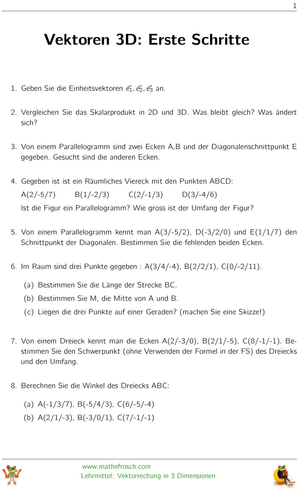 Aufgaben Vektorgeometrie 3D - Erste Schritte