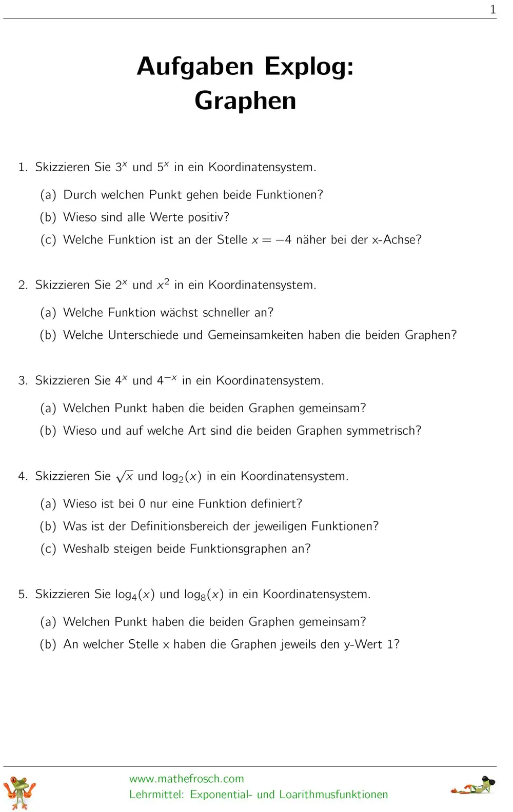 Aufgaben Exponential- und Logarithmusfunktionen Graphen