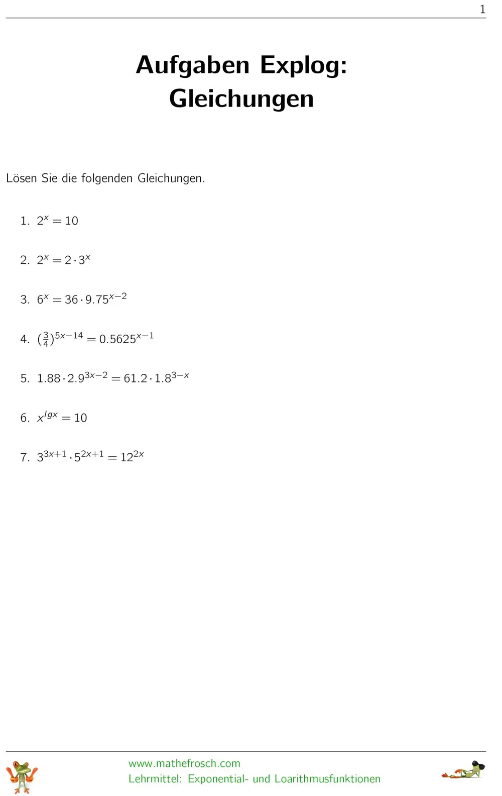 Aufgaben Exponential- und Logarithmusfunktionen Gleichungen