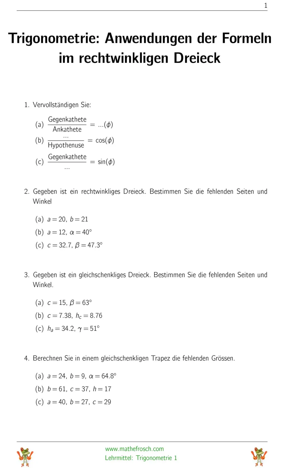Aufgaben Trigonometrie Anwendungen im rechtwinkligen Dreieck