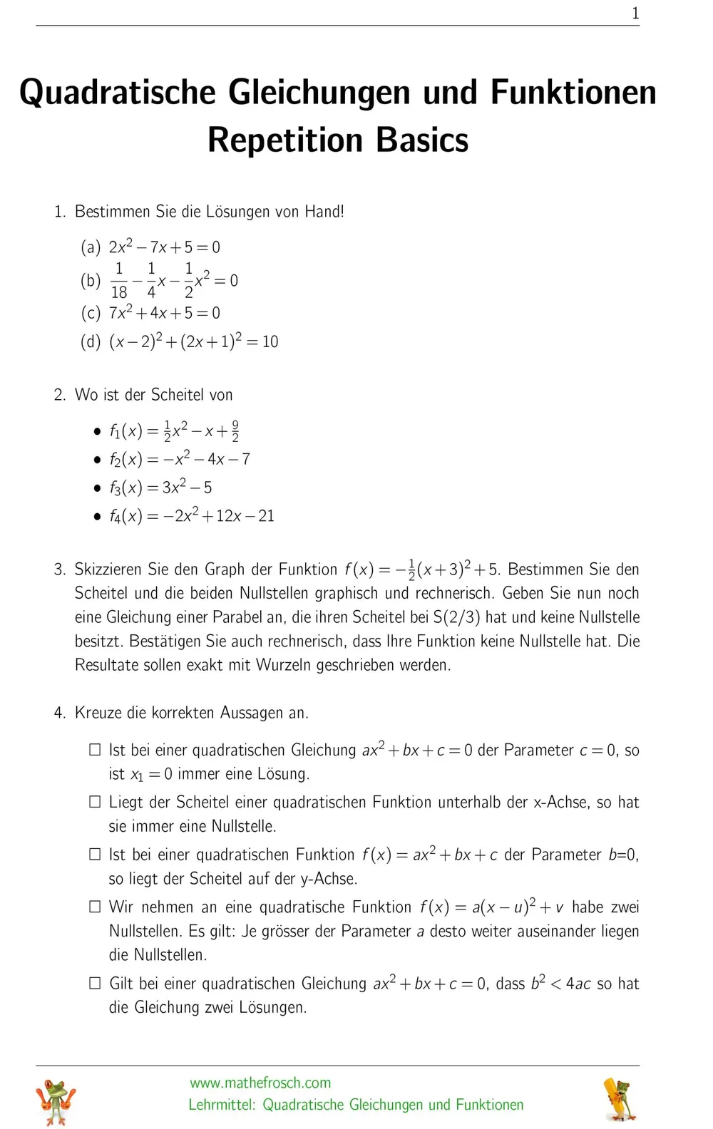 Quadratische Gleichungen und Funktionen Repetition