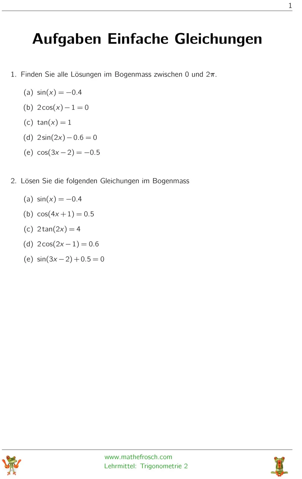 Aufgaben Trigonometrie 2 - Einfache Gleichungen