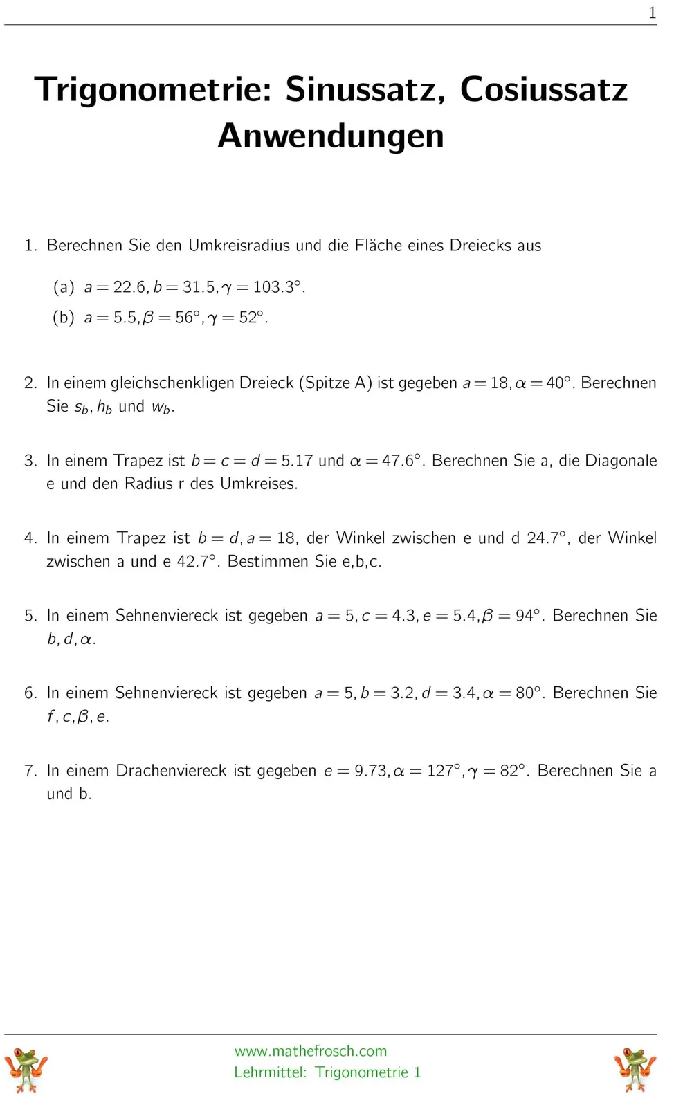 Aufgaben Trigonometrie Anwendungen Sinussatz und Cosinussatz