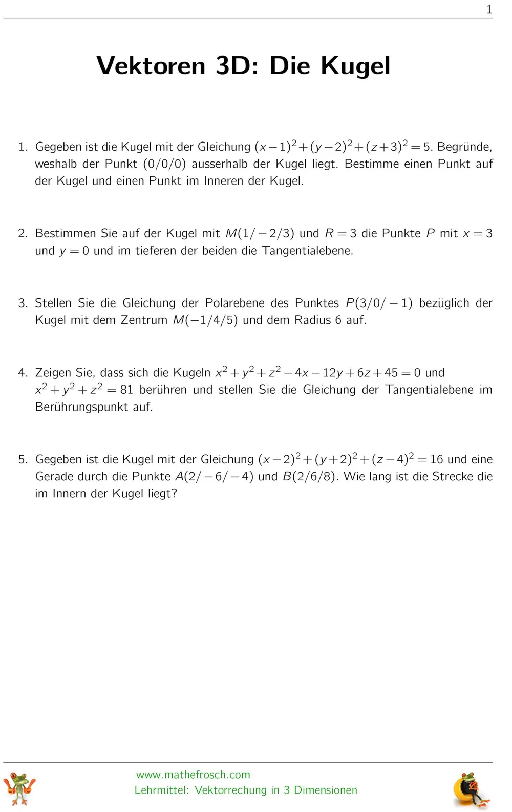 Aufgaben Vektorgeometrie 3D - Die Kugel
