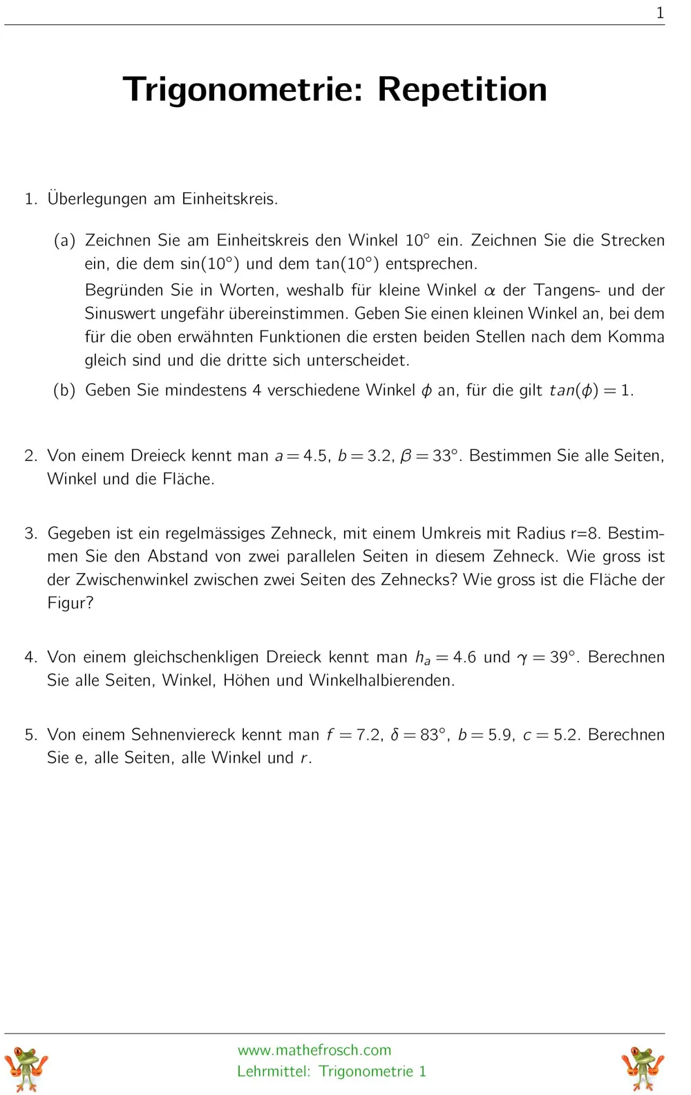 Aufgaben Trigonometrie Repetition