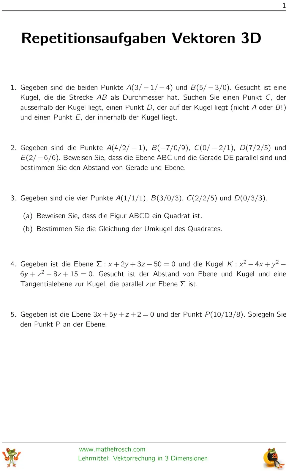 Aufgaben Vektorgeometrie 3D - Repetitionsaufgaben