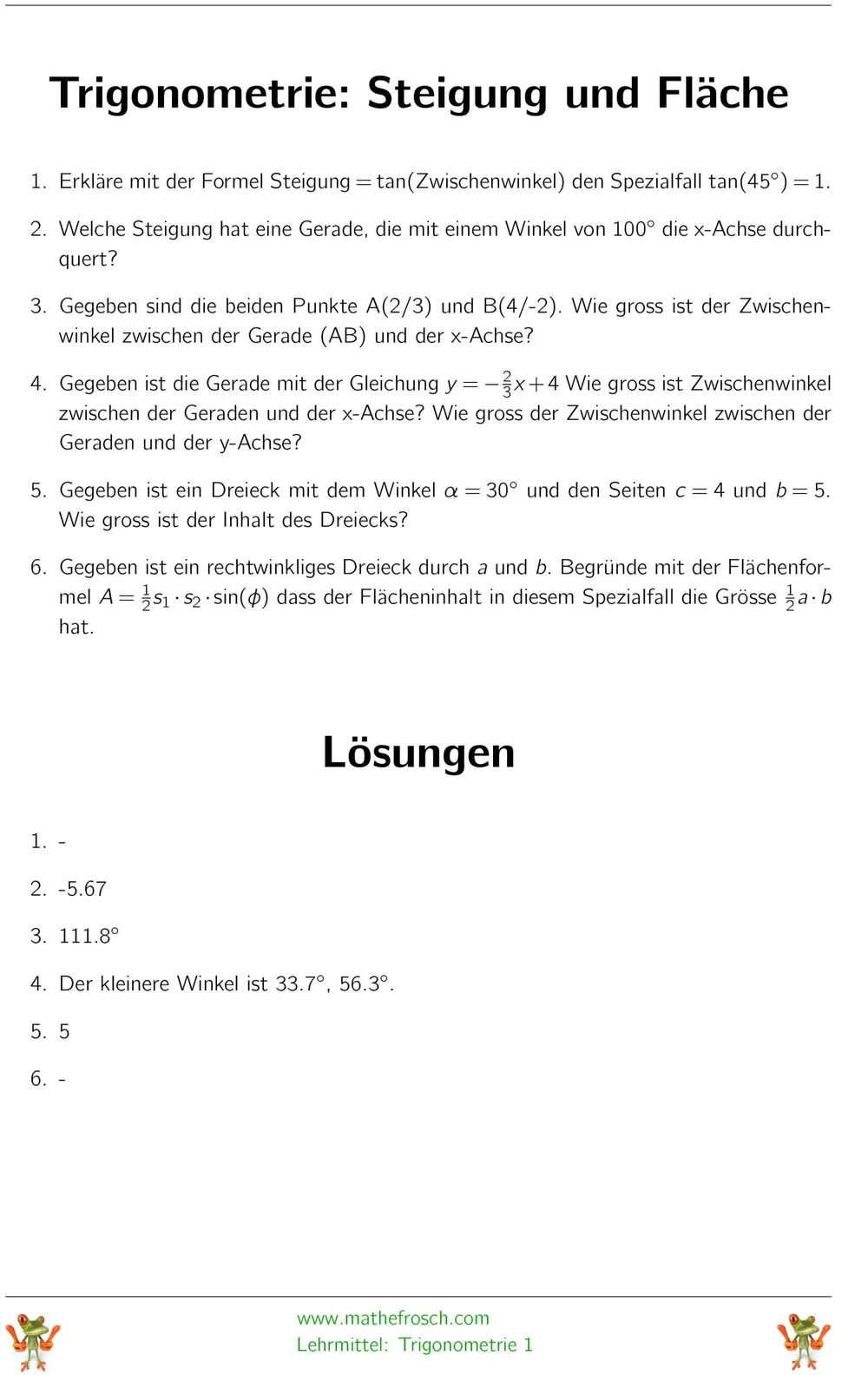 Aufgaben Trigonometrie Steigung und Fläche