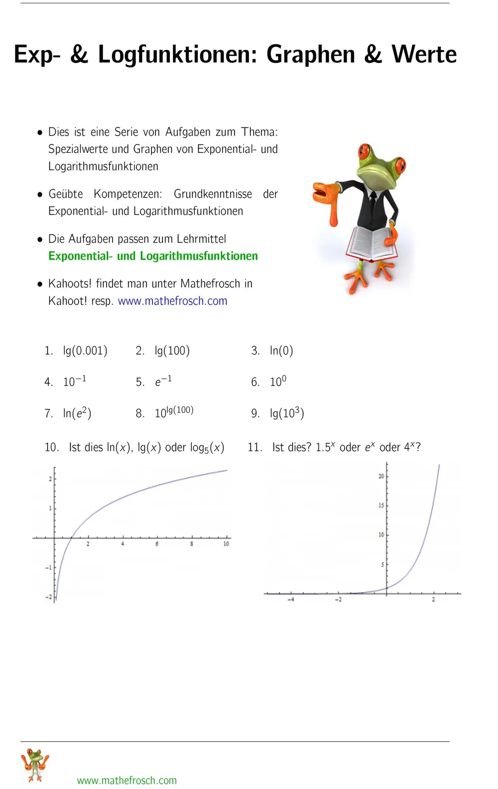 Aufgaben Exponential- und Logarithmsfunktionen Graphen und Werte