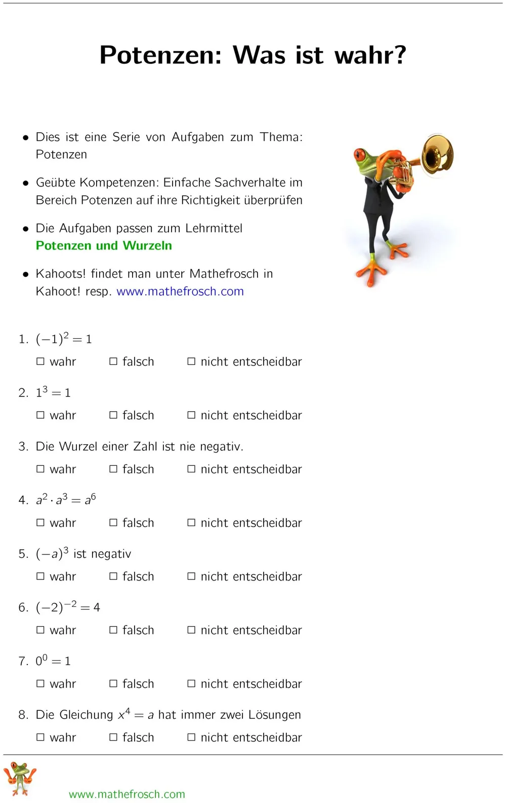 Aufgaben Potenzen - Was ist wahr?