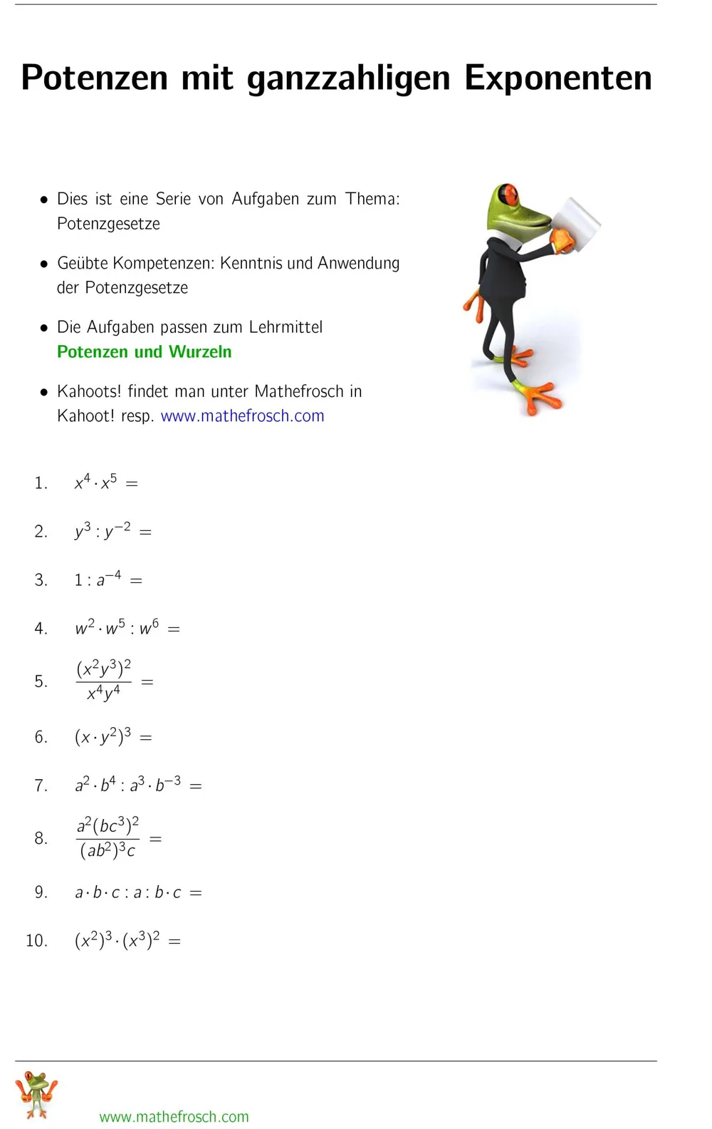 Aufgaben Potenzen mit ganzzahligen Exponenten