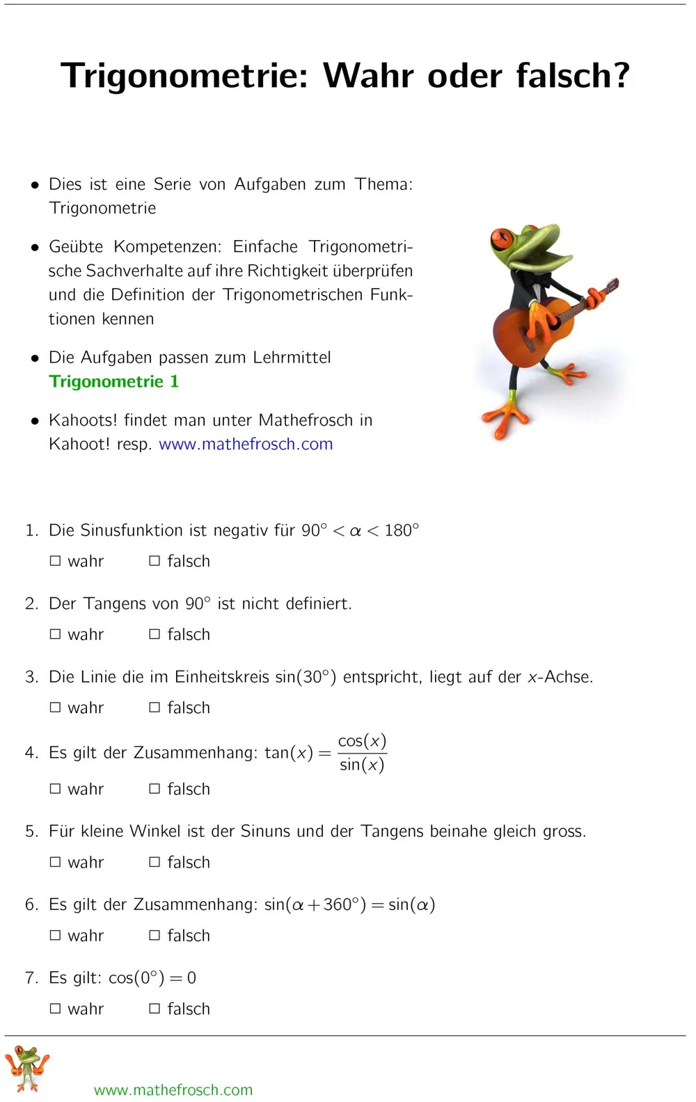 Aufgaben Trigonometrie - Wahr oder falsch?
