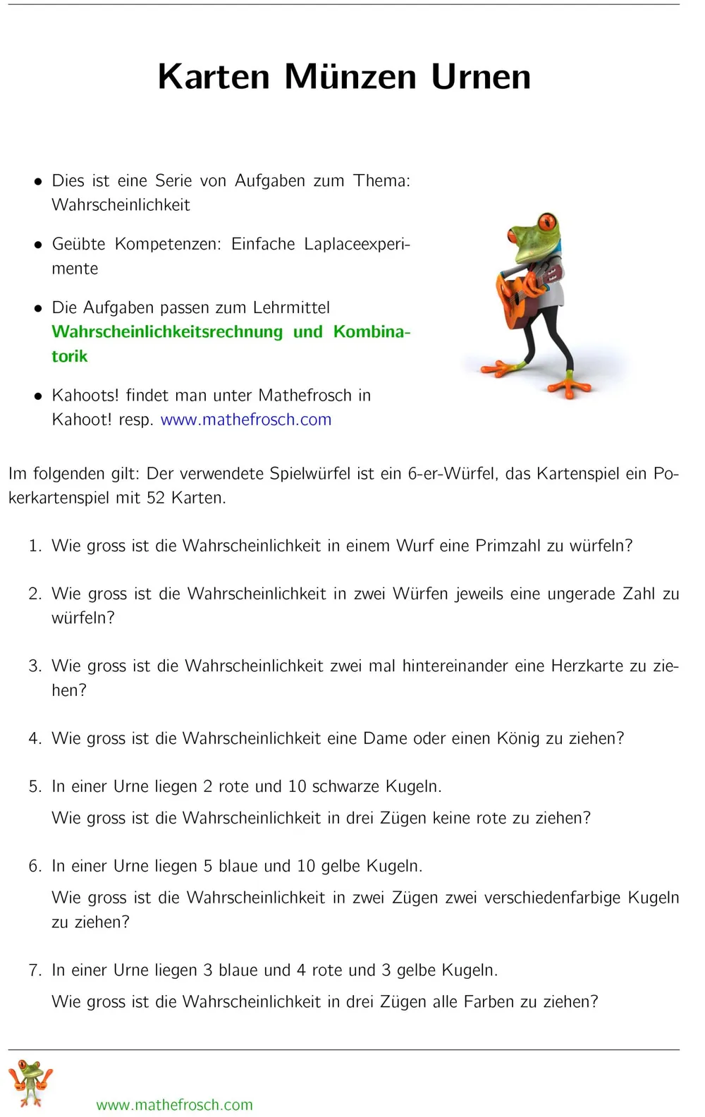 Aufgaben Wahrscheinlichkeit Kombinatorik - Karten Münzen Urnen