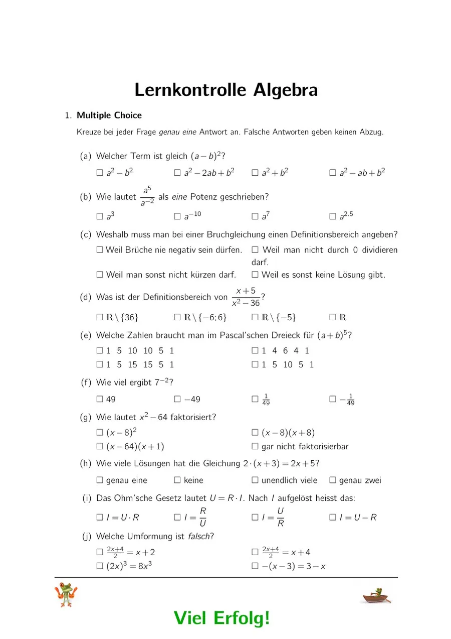 Algebra: Lernkontrolle – Teil 1