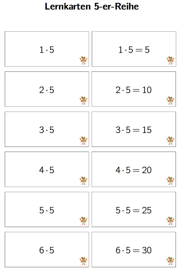 Druckvorlage mit den Lernkarten der 5er-Reihe.