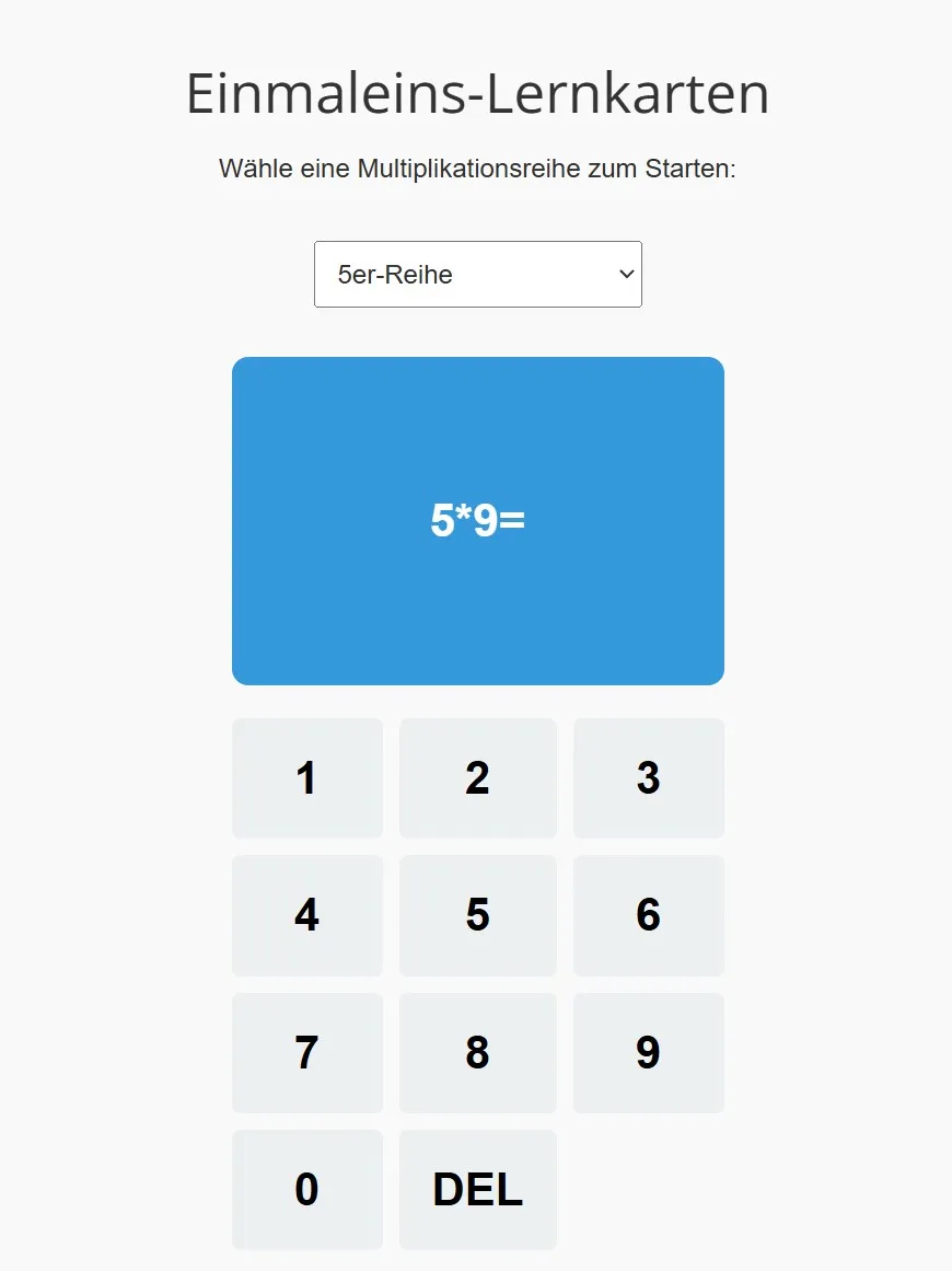 Bildschirmfoto der digitalen Einmaleins-Lernkarten: Auswahl der 5er-Reihe, die Aufgabe 5·9 und ein Zahlenfeld.